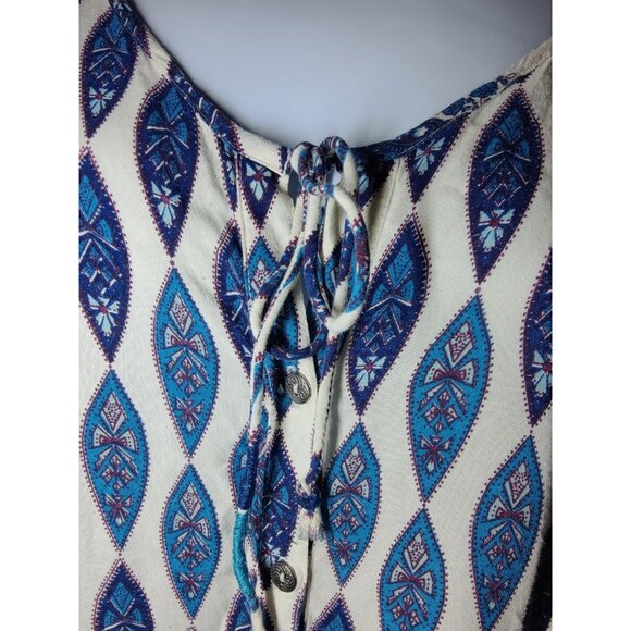 Roxy Mini Shift Dress Button-Up Ruffle Sleeve 'Bluebird' Aqua Ivory Blue S - Picture 9 of 11